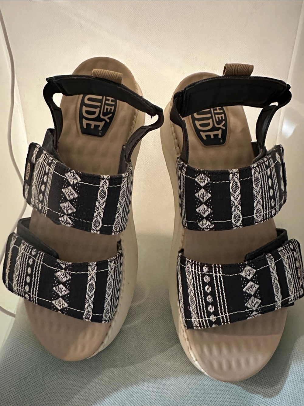 Hey Dude Women's Black and Cream Patterned Strap Sandals